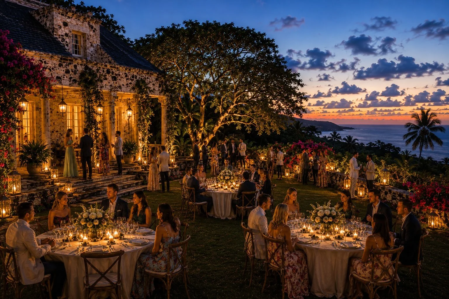 Candlelit wedding reception in the gardens of a historic Caribbean estate overlooking the sea at sunset.