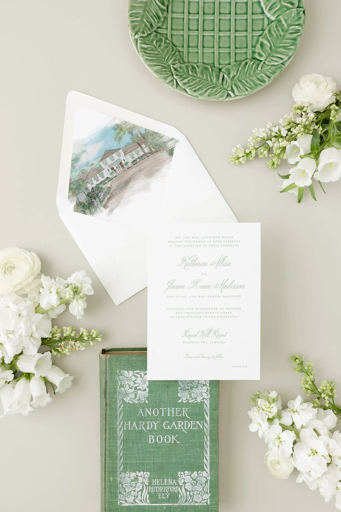 Belvedere luxury wedding invitation suite inspired by a Caribbean estate celebration.