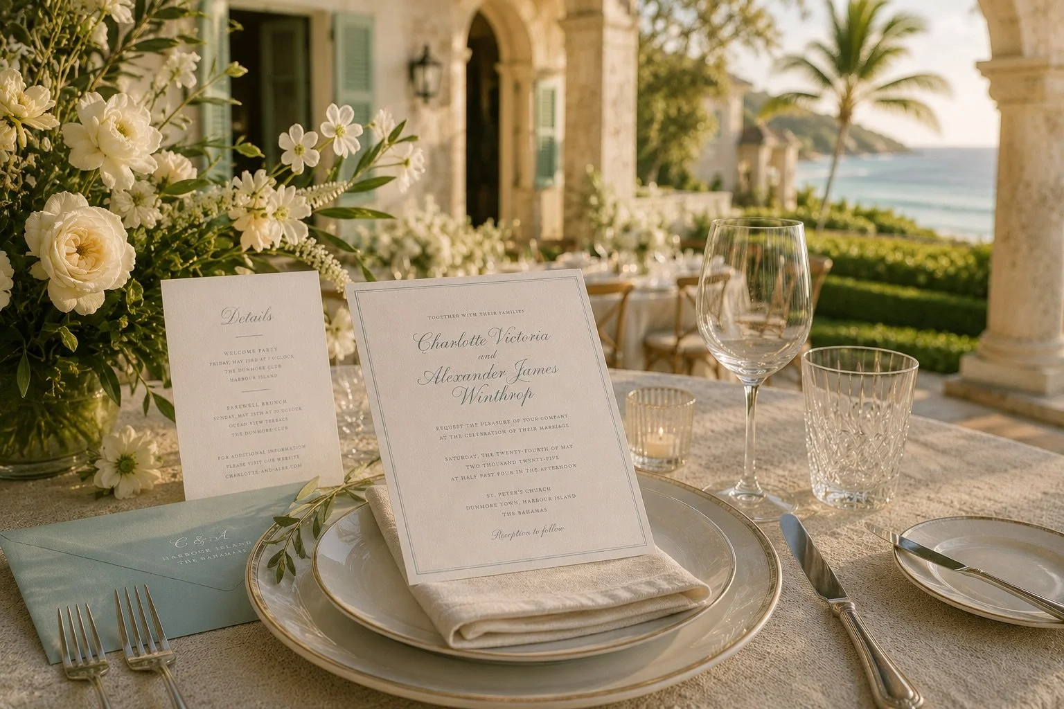 Wedding invitation and details card arranged at an elegant Caribbean estate table setting overlooking tropical gardens.