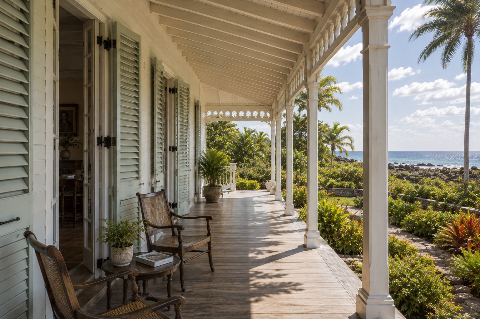 Veranda of a historic Cayman estate with pale green shutters, tropical gardens, and the Caribbean Sea beyond.
