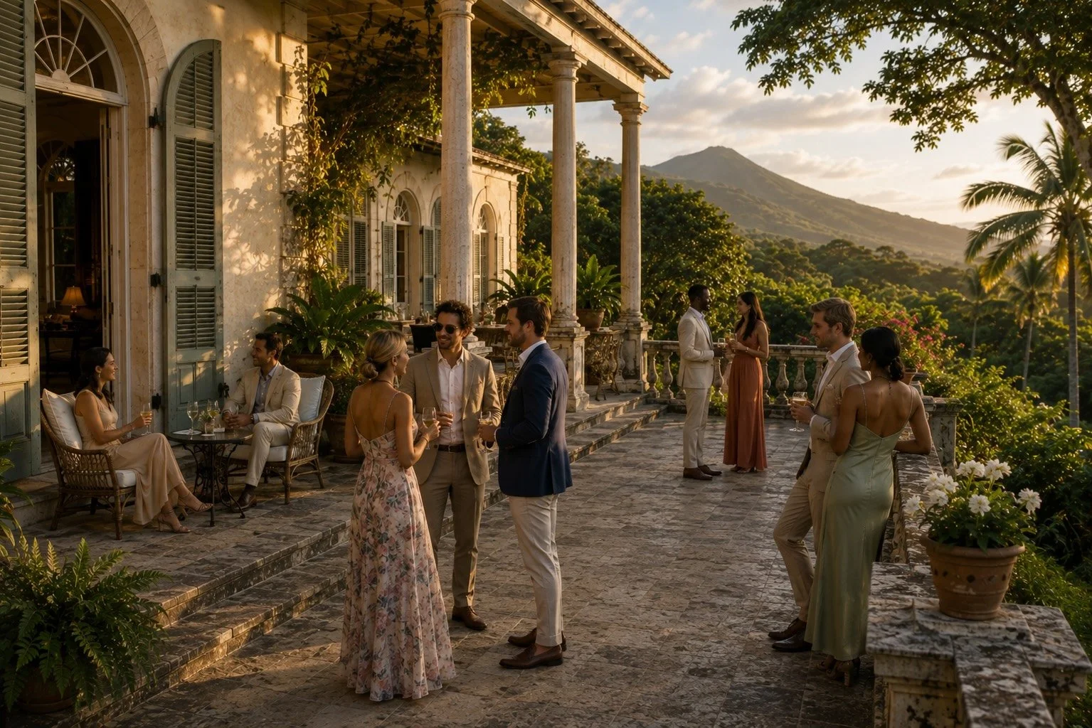 Wedding guests gathering for cocktail hour on the terrace of a historic Nevis estate as late-afternoon light reaches the surrounding mountains.