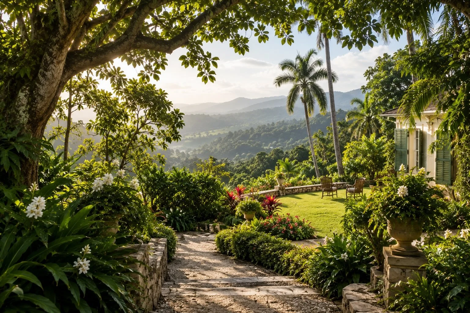 Established tropical gardens surrounding a historic Jamaican estate, with mature palms and views across the mountains.