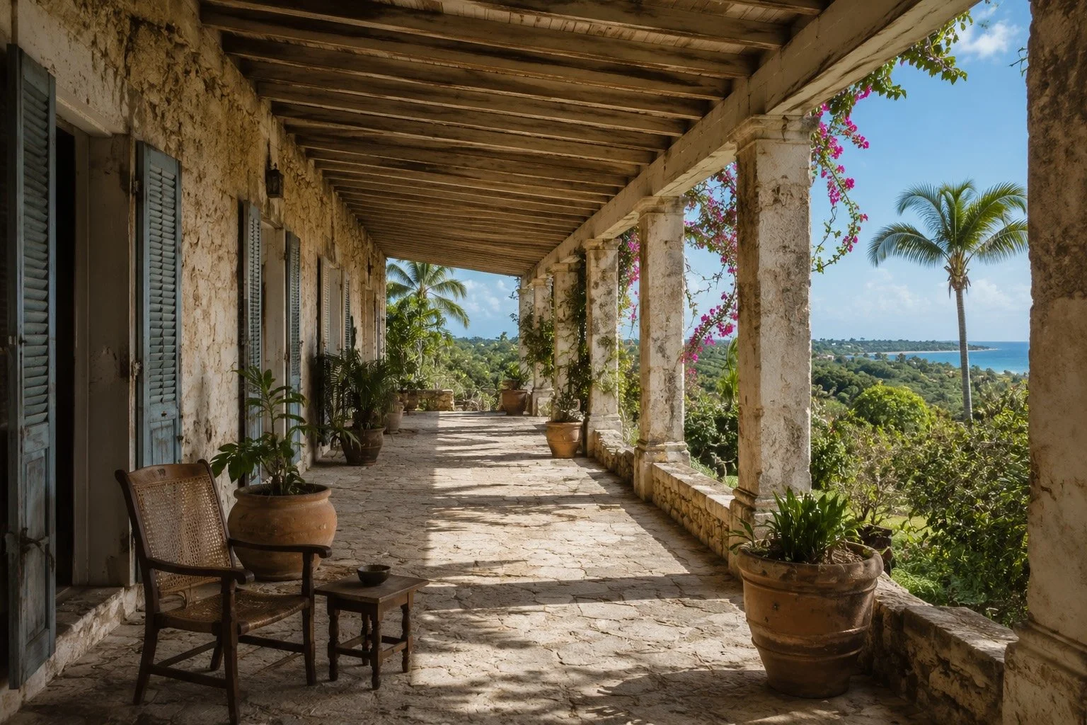 Long veranda of a historic Caribbean estate with weathered stone columns, painted shutters, tropical greenery, and views toward the sea.
