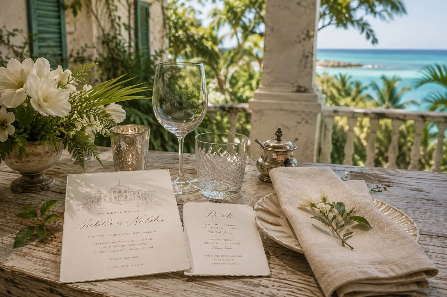 Wedding invitation and details card arranged on an estate veranda in the Bahamas, with white flowers and the Caribbean Sea beyond.