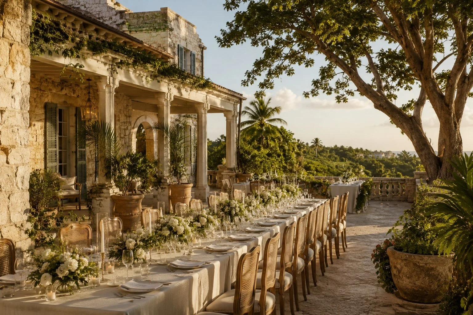 Wedding reception table set along the veranda of a historic Caribbean estate, surrounded by pale stone, green shutters, and tropical gardens.