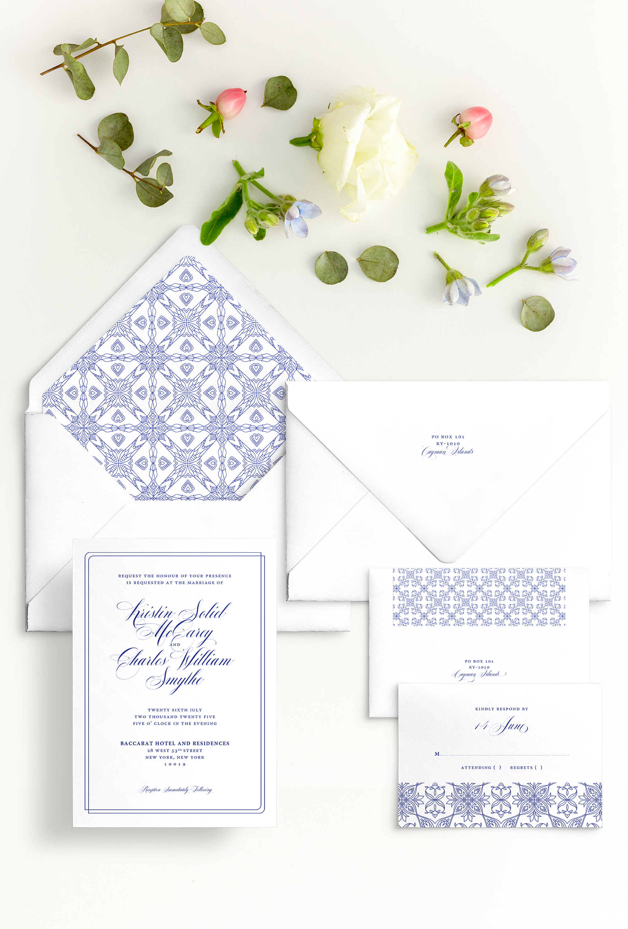 Semi-custom wedding letterpress invitations with coordinating Day-of-Wedding stationery + signage. Customizable. Design has double line border + mesmerising geometric pattern envelope liner featured in royal blue Pantone 2735. Also available in foil.