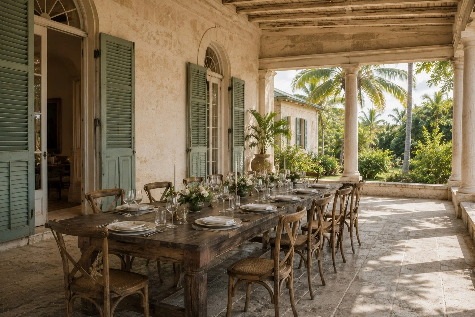Intimate wedding dinner on the terrace of a historic Bahamas estate, with long tables, candlelight, white flowers, and tropical views.
