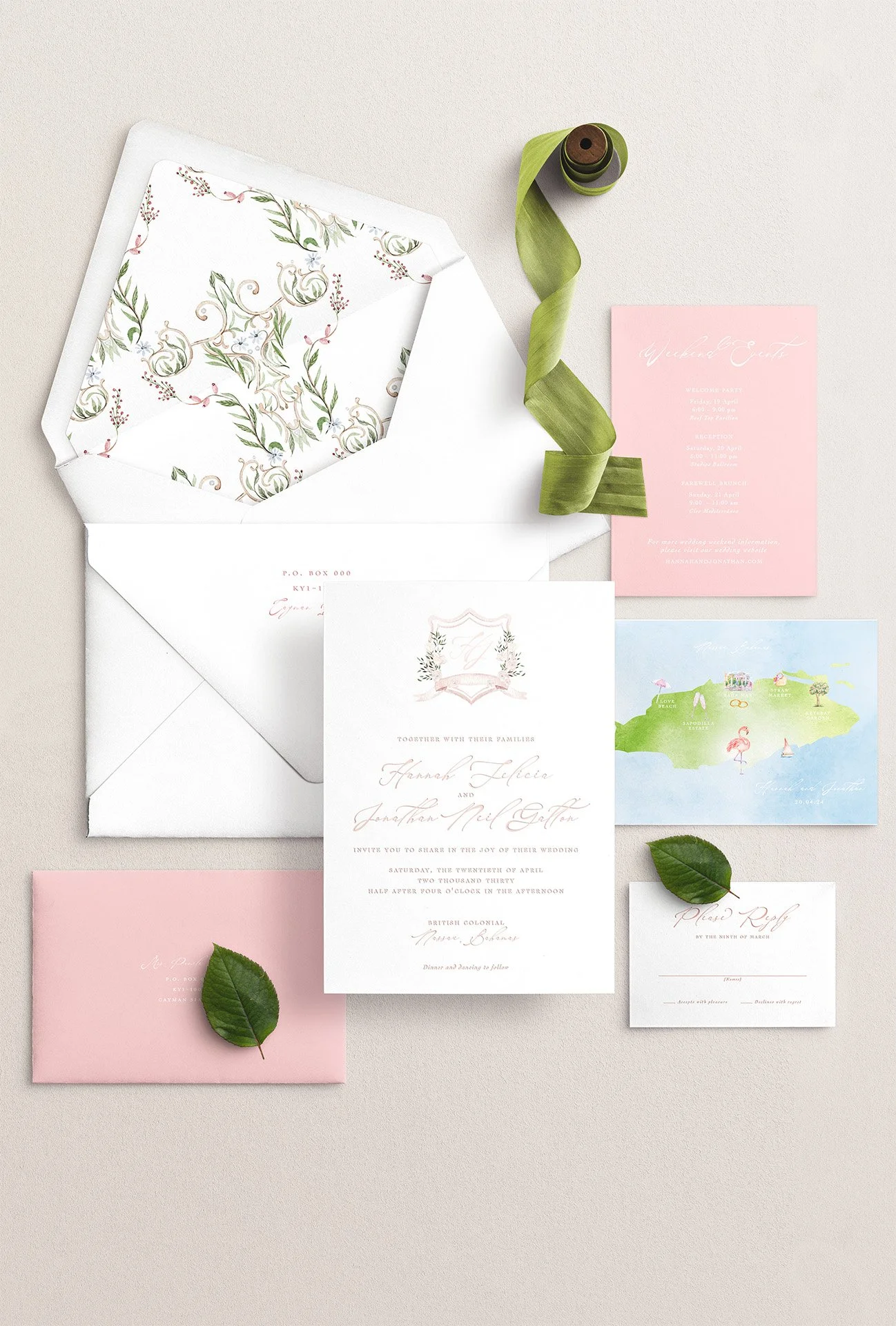 Orchid Walk luxury wedding invitation suite with tropical botanical details.
