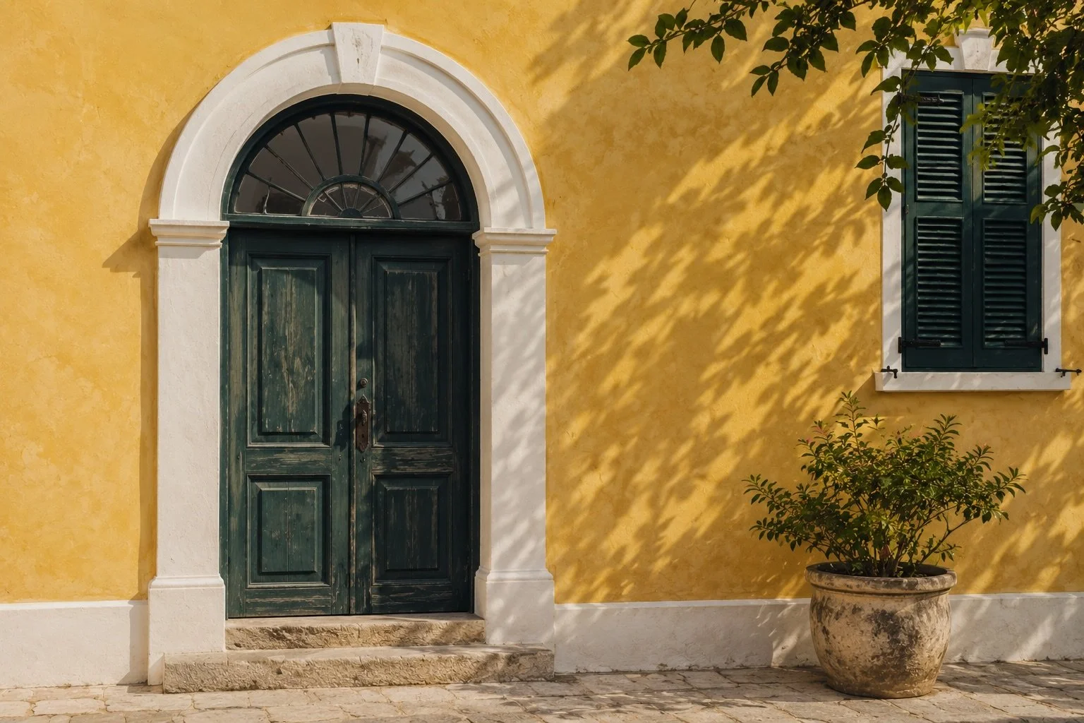 Sunlit Caribbean architecture in Curaçao, with a warm ochre wall, arched doorway, dark green shutters, and dappled tree shadows.