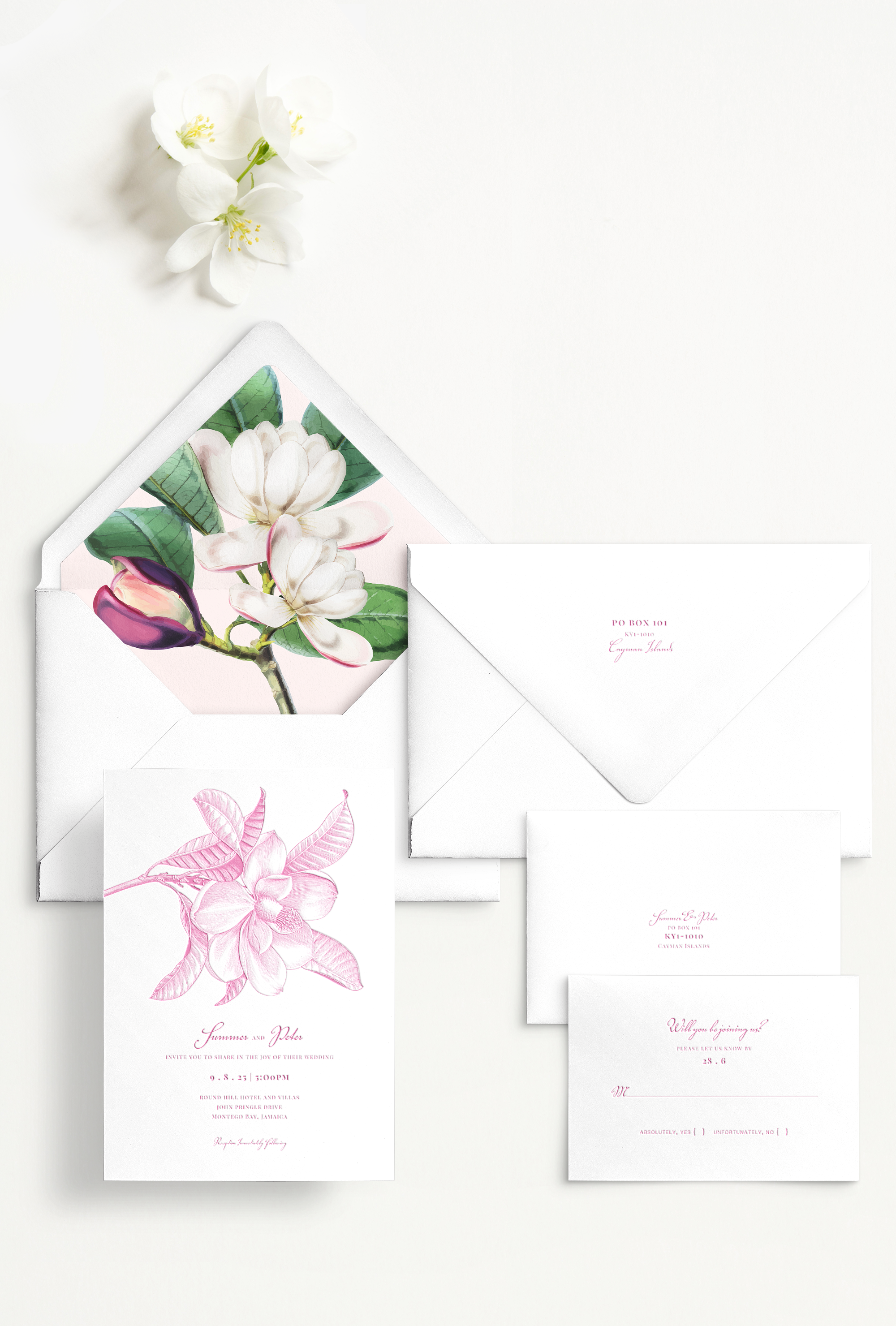 Semi-custom wedding letterpress invitations with coordinating Day-of-Wedding stationery + signage. Customizable. Design has prominent magnolia and vintage painted magnolia envelope liner featured in pink Pantone 806. Also available in foil.