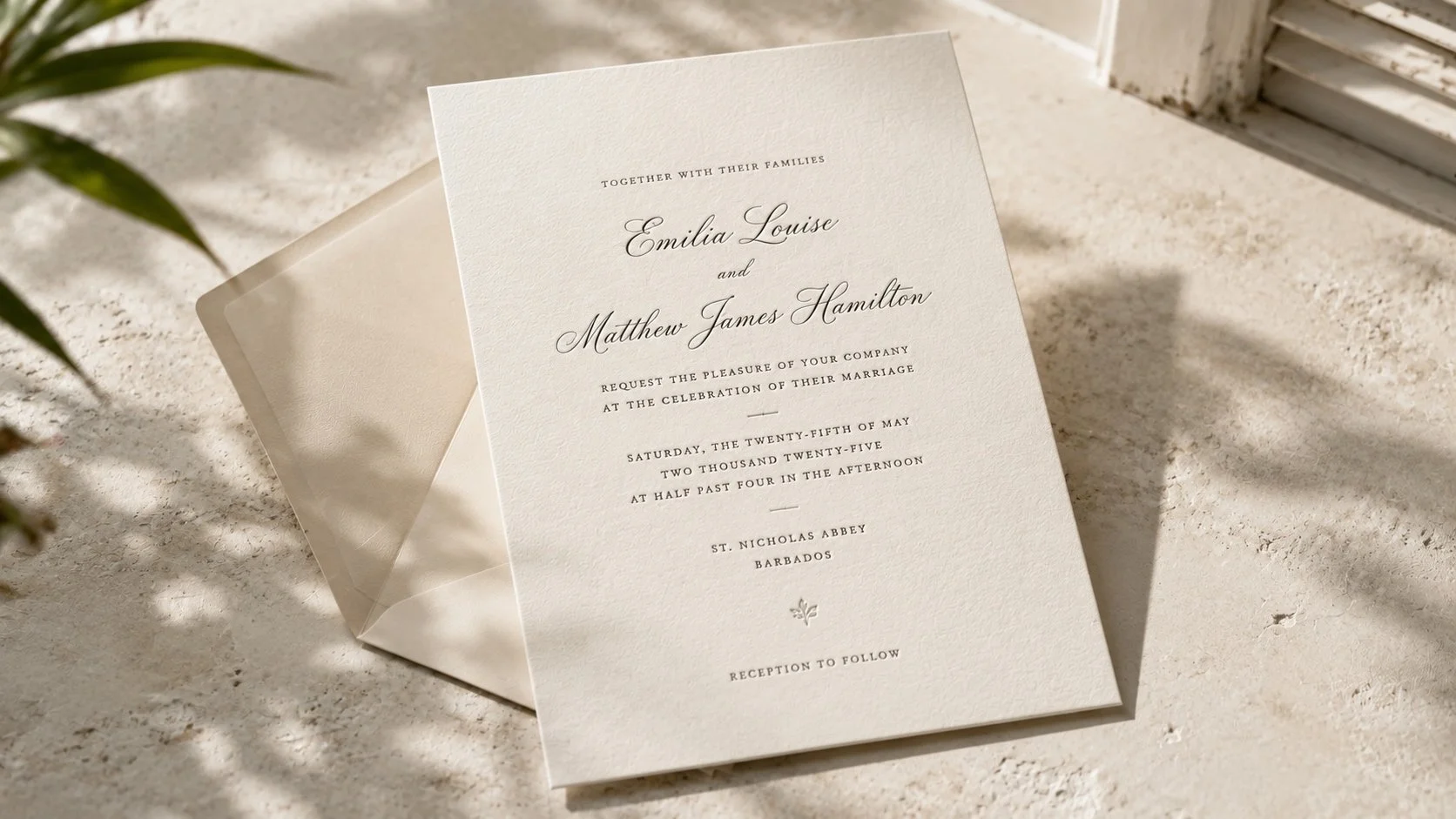Letterpress wedding invitation on textured cotton paper, showing the subtle impression and tactile quality of fine stationery.