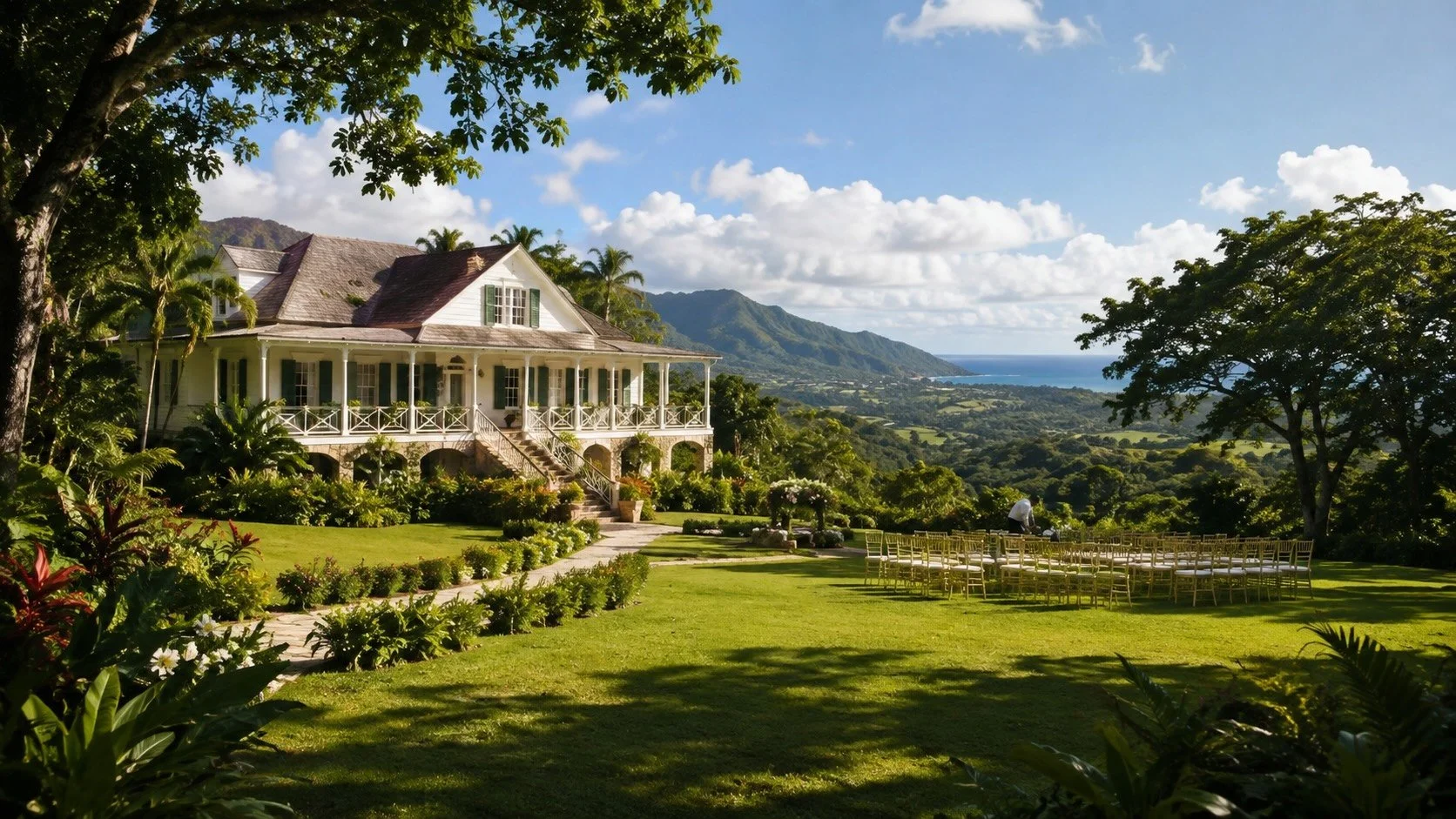 Historic Jamaican estate surrounded by tropical gardens, with a broad lawn overlooking the mountains and Caribbean Sea.