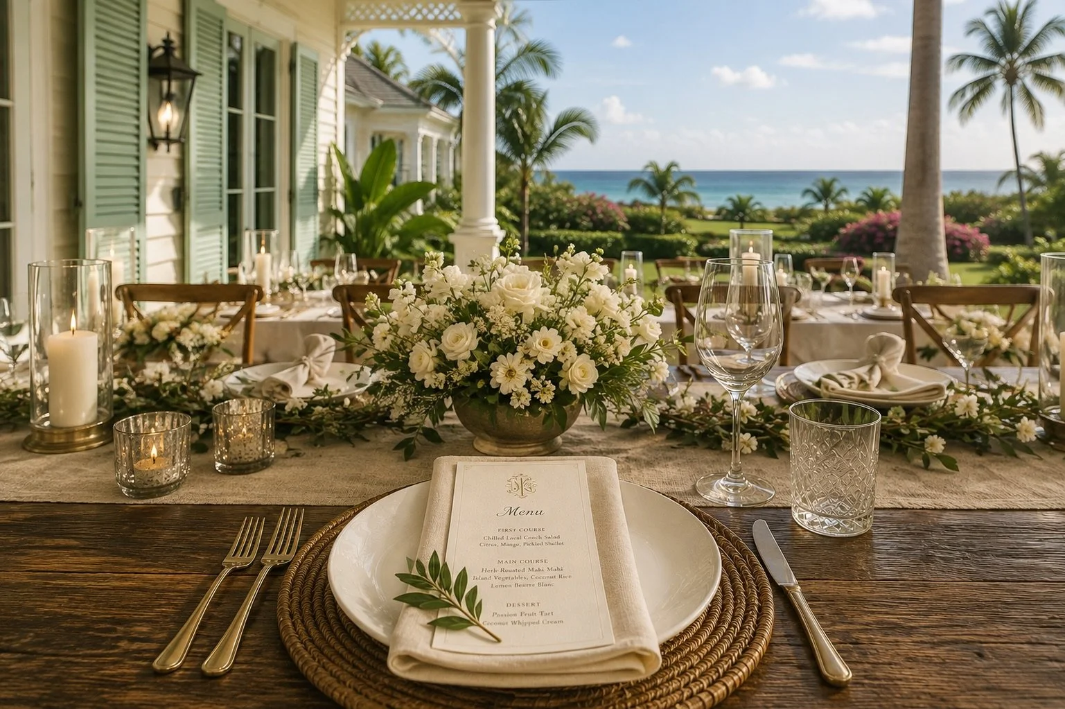 Wedding table set on the veranda of a historic Bahamian estate, with white flowers, candlelight, and views across tropical gardens to the sea.