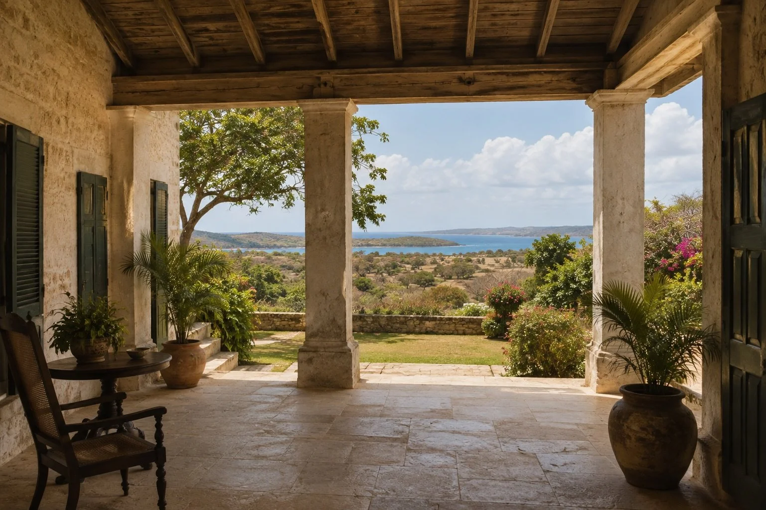 Shaded veranda of a historic Caribbean estate in Antigua, with stone columns, tropical gardens, and views toward the sea.