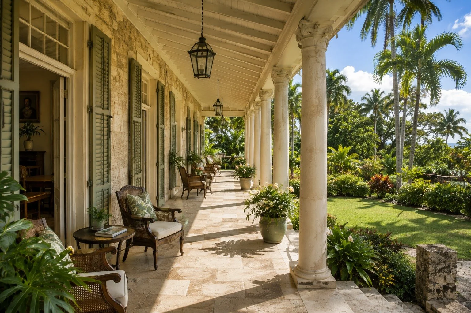 Shaded veranda of a historic Caribbean estate with stone columns, green shutters, and tropical gardens beyond.