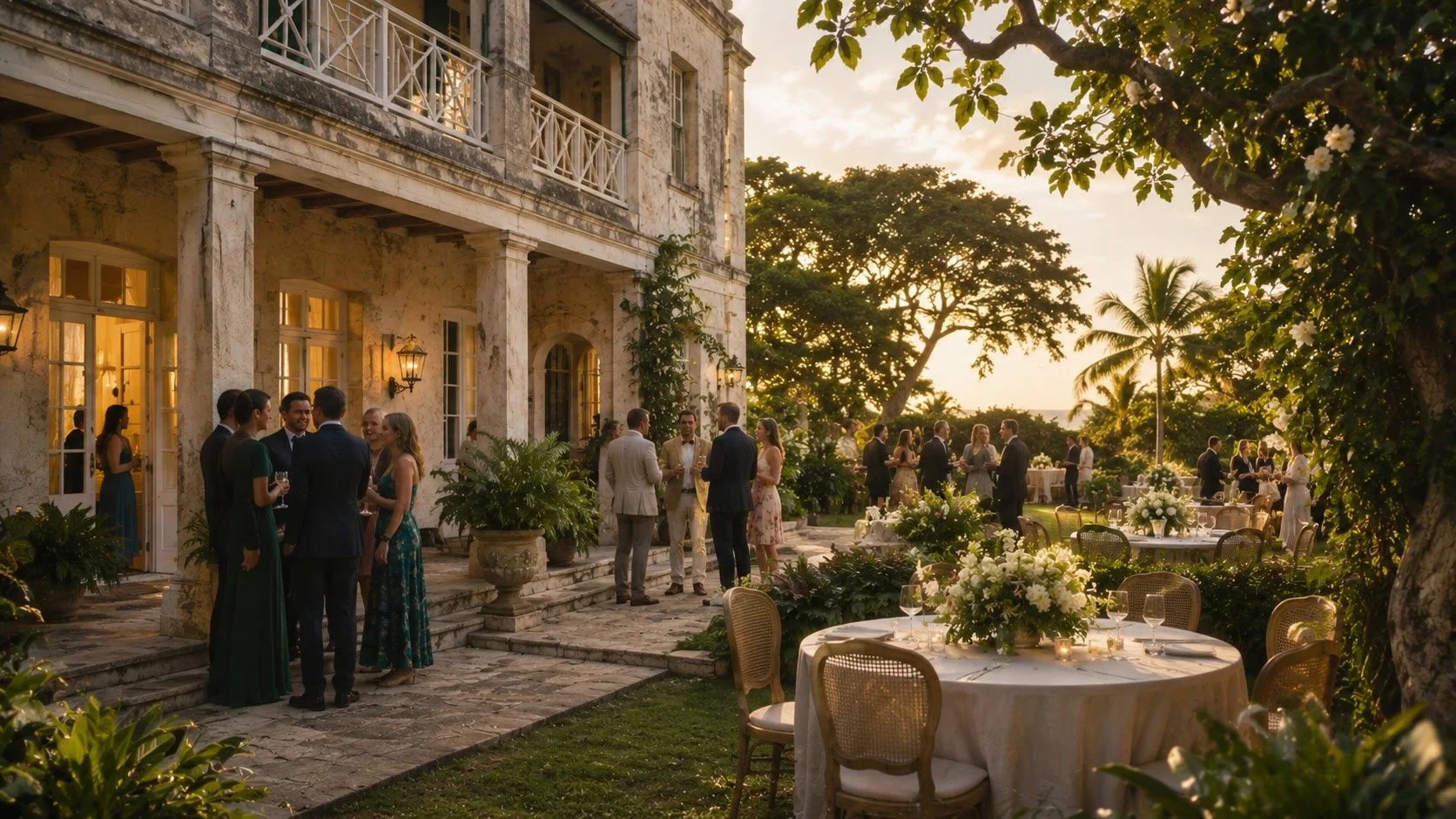 Outdoor wedding reception beside a historic Barbados estate, with garden tables and guests gathering in the warm evening light.