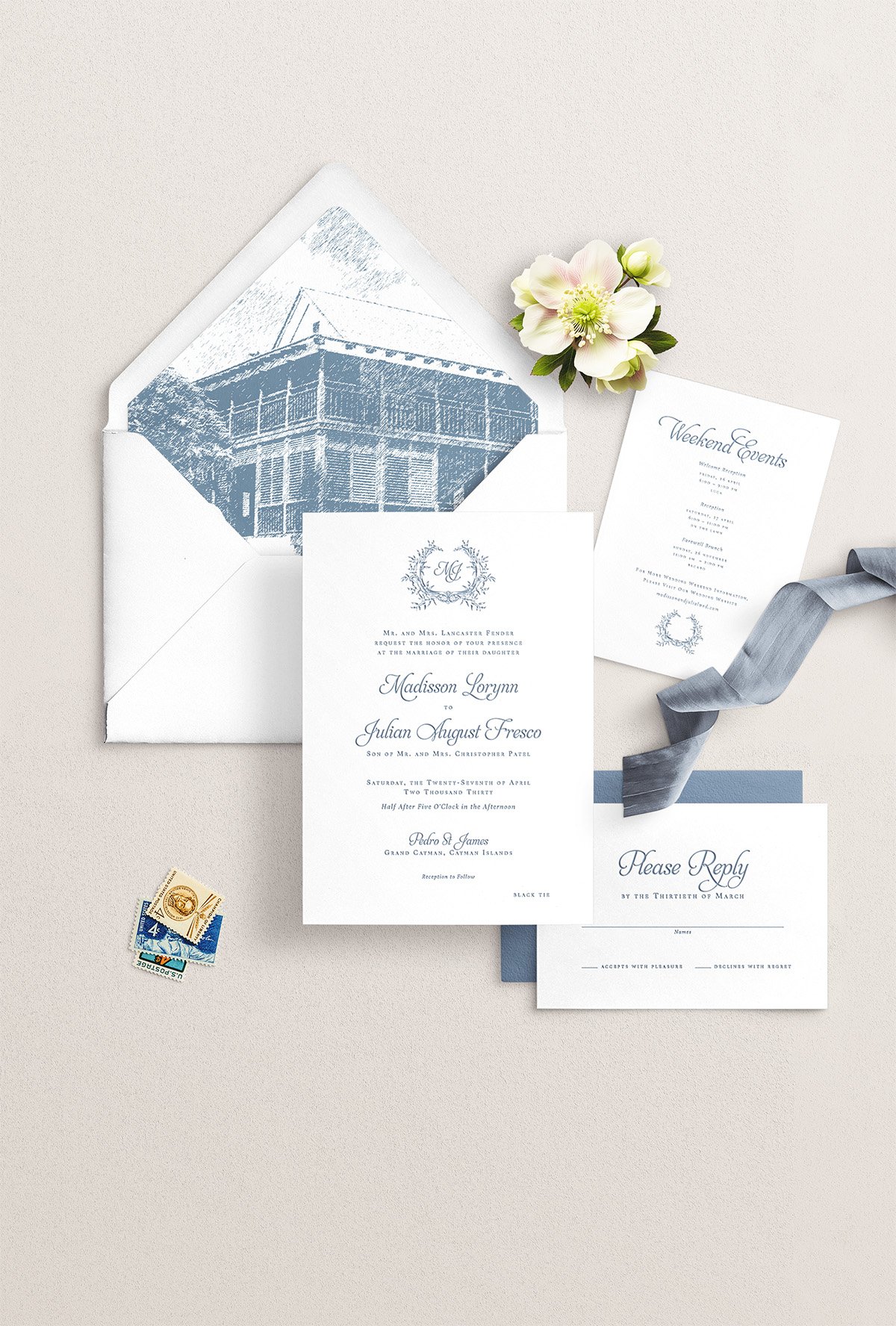 The Grove luxury wedding invitation suite inspired by a historic Caribbean estate celebration.