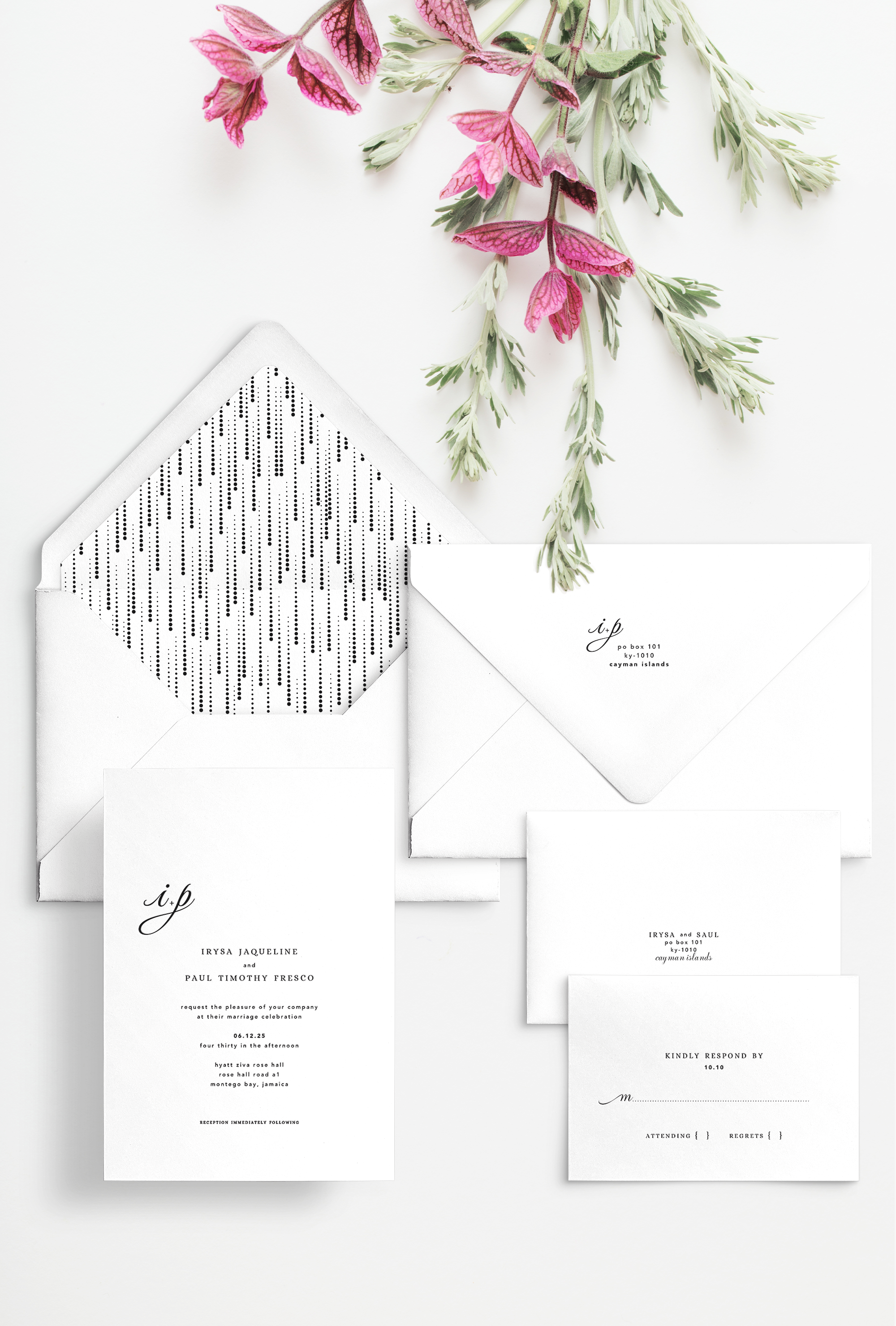 Semi-custom wedding letterpress invitations with coordinating Day-of-Wedding stationery and signage. Customizable. Design has couple's initials and geometric raining pattern envelope liner featured in Black. Also available in foil.