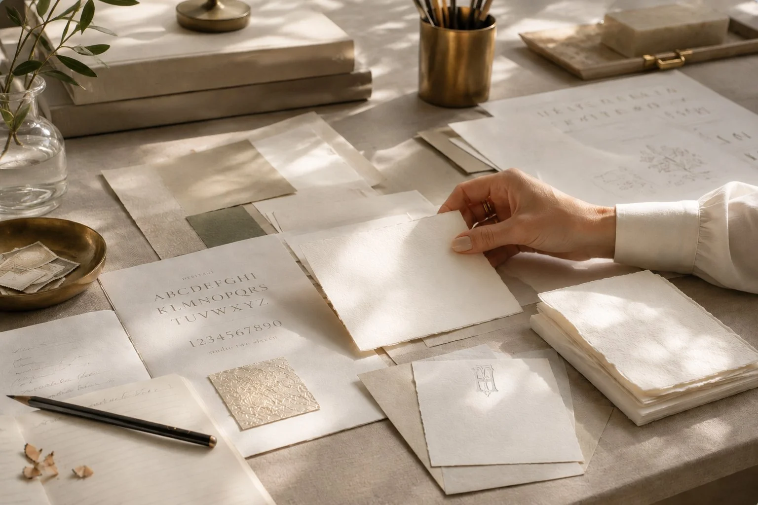 Wedding stationery craftsmanship in progress at Studio Two Sixteen, with fine paper, design sketches, and studio tools.