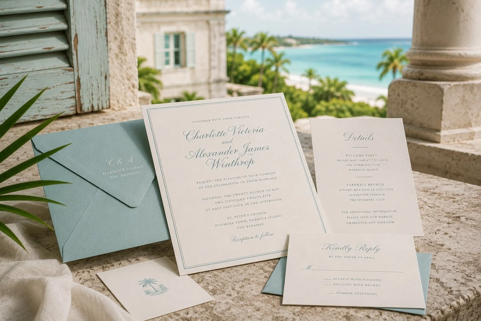 Caribbean wedding invitation suite in soft blue and ivory, with colors inspired by the sea and tropical setting.