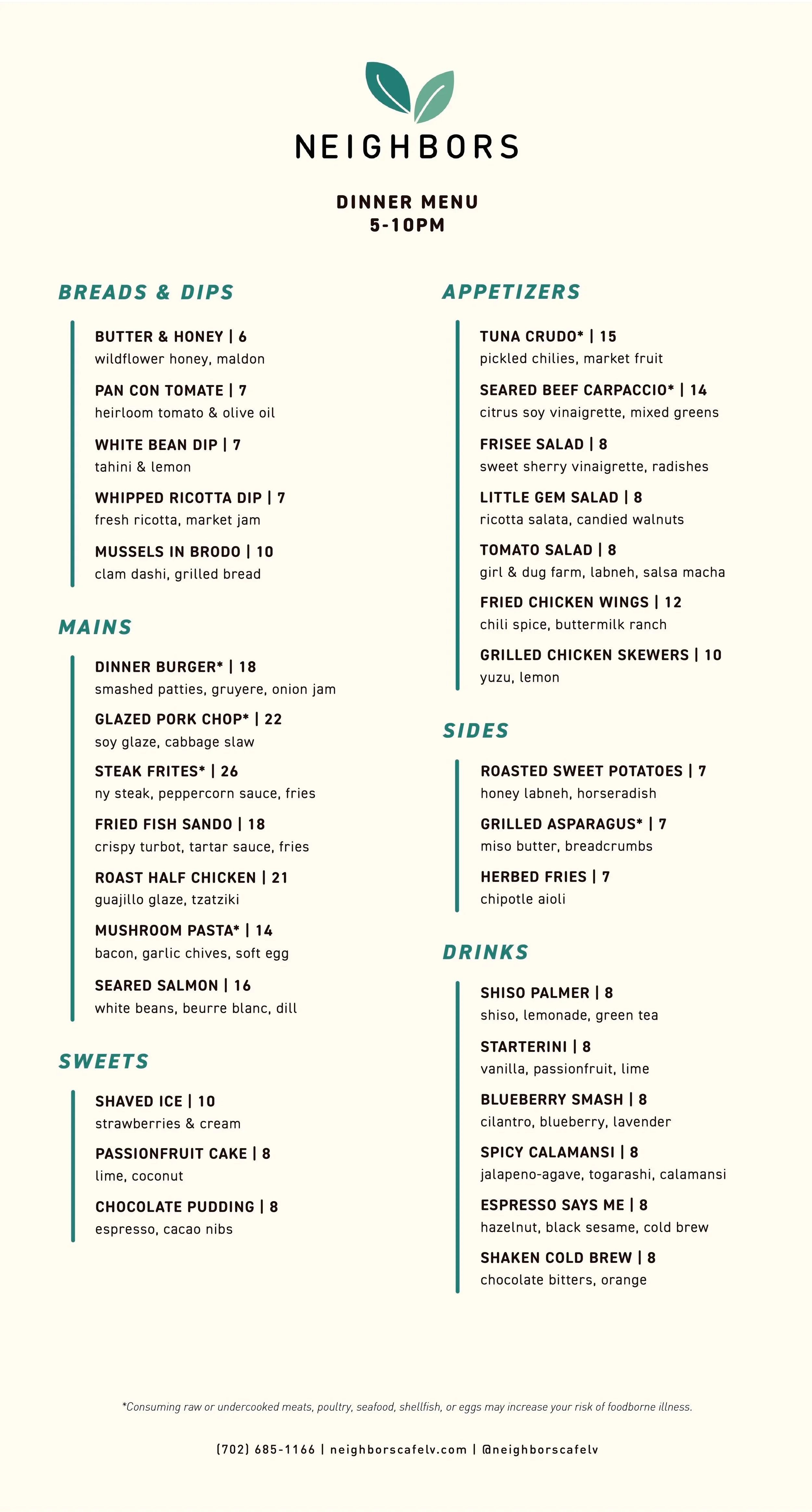 neighbors dinner menu