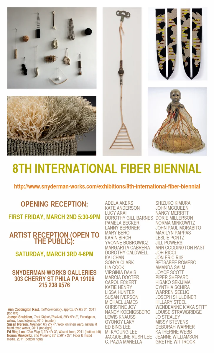 8th International Fiber Biennial, PA, 2012. Snyderman-Works Galleries, PA I was invited to participate in both biennials, in which Snyderman Works represented my artwork for a while. Lorem Ipsum II was featured in this exhibition. I was also featured in the 7th Biennial, in which I showcased 3 artworks. Curators: Frank Snyderman and Bruce Hoffman