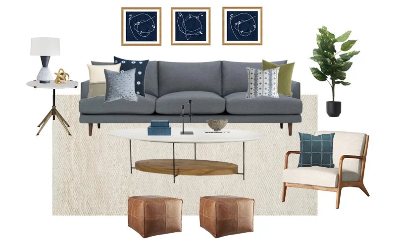 Lamp | Gold Decorative Piece | Side Table | Sofa | Cushion 1 | Cushion 2 | Cushion 3 | Cushion 4 | Cushion 5 | Art Piece 1 (repeated again as the third piece) | Art Piece 2 | Coffee Table | Candle Holder | Decorative Bowl | Storage Boxes | Armchair | Armchair Cushion | Pouf | Rug