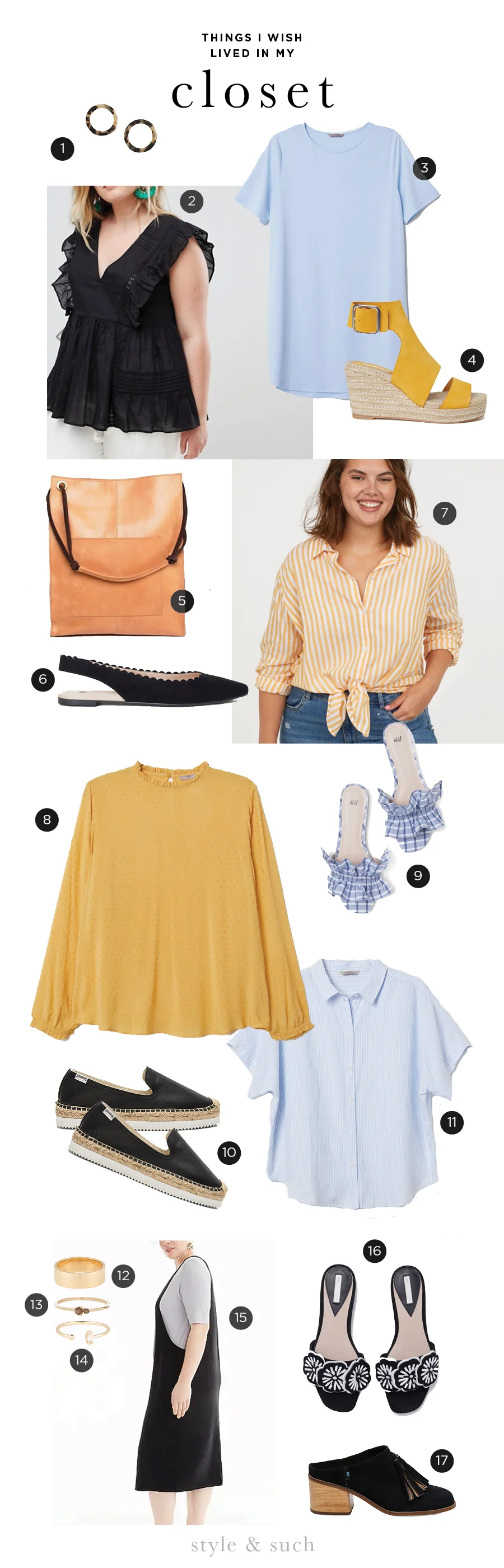 1. Tortoise Shell Hoops | 2. Flutter Longline Top | 3. Short Sleeve Tunic | 4. Wedge Heel Sandals | 5. Leather Vintage Shopper | 6. Scallop Edge Ballet Flats | 7. Cotton Striped Shirt | 8. Plumeti Blouse | 9. Plaid Mules | 10. Smoking Slipper | 11. Cotton Collared Shirt | 12. Boyfriend Stacker Ring | 13. Hue Ring in Smokey Quartz | 1 4. Marquis Open Ring | 15. Layering Tank Dress | 16. Suede Mules | 17. Suede Leila Mules