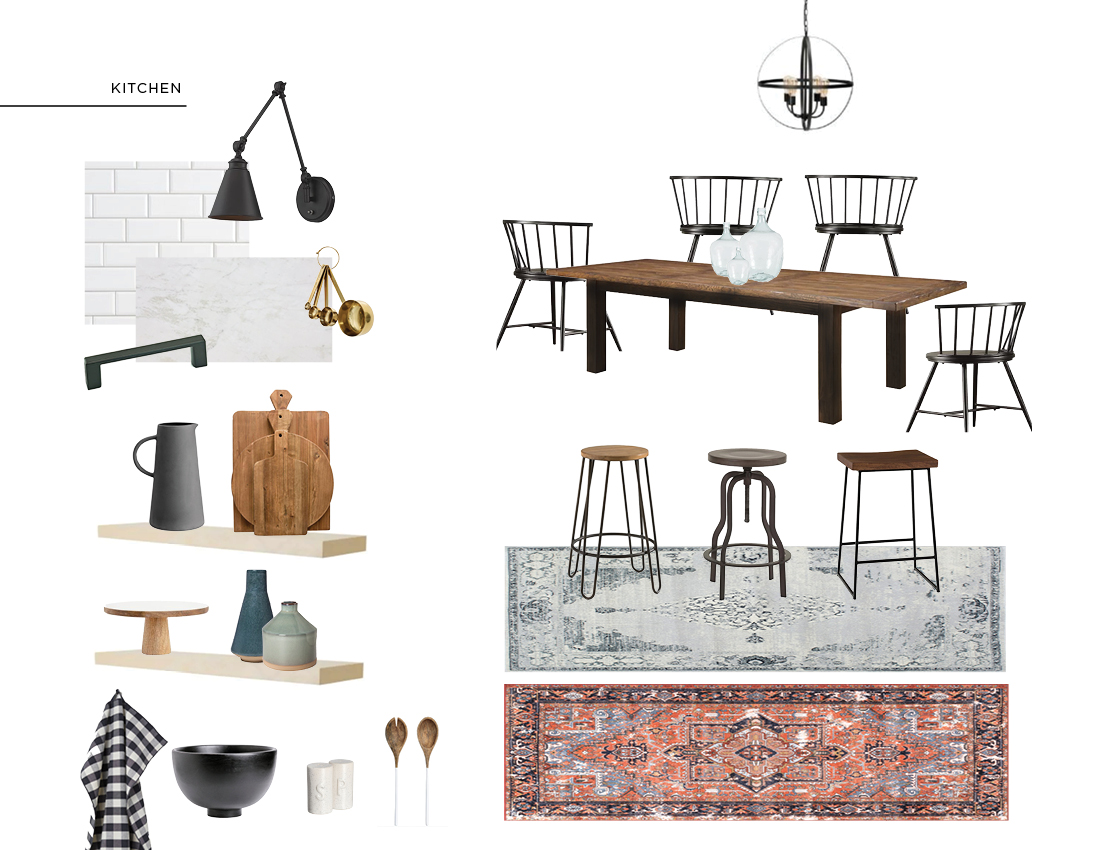 Sources: Sconce | Gold Measuring Cups | Stoneware Pitcher | Cutting Board Set | Cake Stand | Vase 1 | Vase 2 | Tea Towel | Large Black Wooden Bowl | Salt & Pepper Shakers | Wooden Salad Servers | Dining Chairs | Dining Table was photoshopped to be like clients own - sorry, no link! | Glass Jar | Bar Stool 1 | Bar Stool 2 | Bar Stool 3 | Grey Runner | Red Runner
