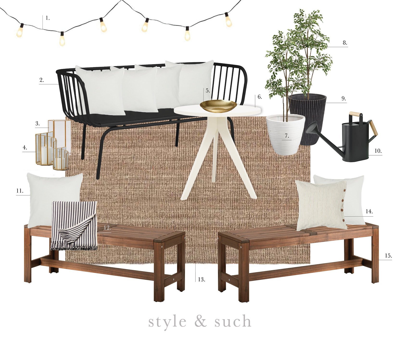 1. Market String Lights | 2. Metal Bench (originally red but I am going to spray paint it!) | 3. Faro Candleholder | 4. Tamara Set of 2 Candleholders | 5. Gold Bowl | 6. Tripod Table | 7. White Rattan Plant Pot | 8. Artificial Tree | 9. Textured Garden Pot | 10. Watering Can | 11. Natural Cushion Cover (all white pillows shown are this one) | 12. Striped Throw | 13. Lohals Jute Rug | 14. Linen Cushion Cover | 15. Wooden Benches
