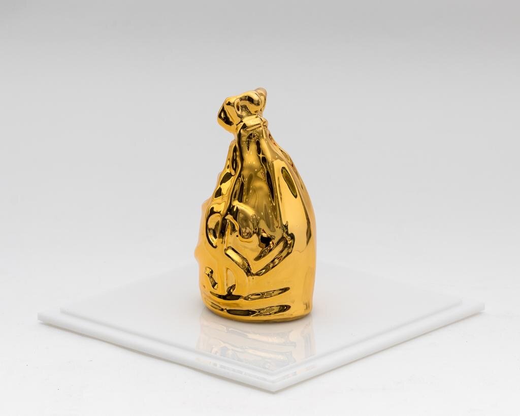 ZVG-S18048 Zevi G Art SECURE THE BAG Gold 6 inch Biodegradable Resin Sculpture 2018.JPG