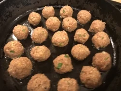 8. Place meatball onto a pan on medium (6-7) heat to pan-sear the outside to lock in the juices and flavors