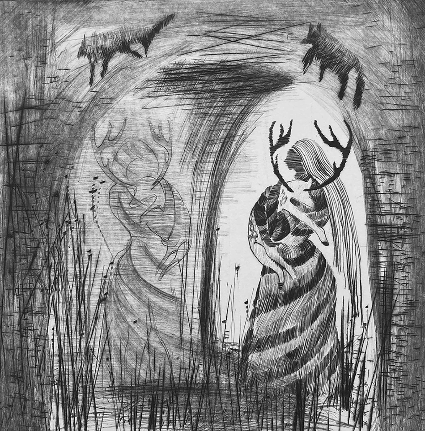 Sleepwalker Series #1 
&ldquo;Leaving the Sleepwalker and Finding the Fawn&rdquo; 

12&rdquo; x 12&rdquo; Image Size
Drypoint on Hahnemuhle 

#printmaking #drypointprintmaking #nontoxicprintmaking #drypoint