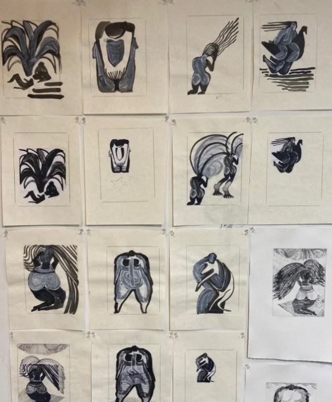 A wall of new ink drawings (to-be drypoint etchings) to start the New Year. Wishing everyone fresh starts and wonder. Grateful for @zeamaysprintmaking for the studio air, space and community. 

#inksketches #drypoint #newyear #sketches #etching