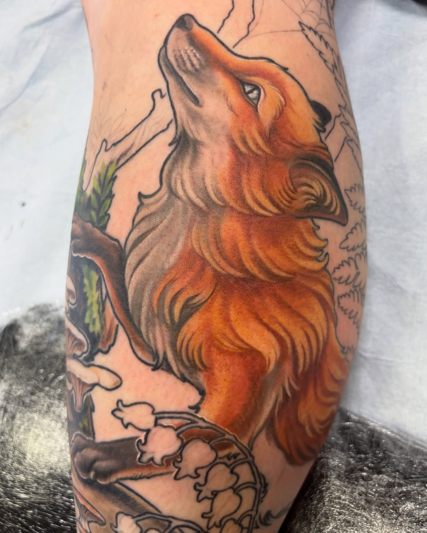 More progress on Arin&rsquo;s gorgeous forest leg sleeve 🤩
I can&rsquo;t put into words how joyful this project is 🥰 Thanks Arin, you rock!! 
Also, here&rsquo;s a healed video of the birb we colored last time. 💕

#colortattoo #foxtattoo #foresttat