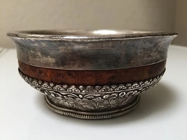 Silver and burl wood offering bowl