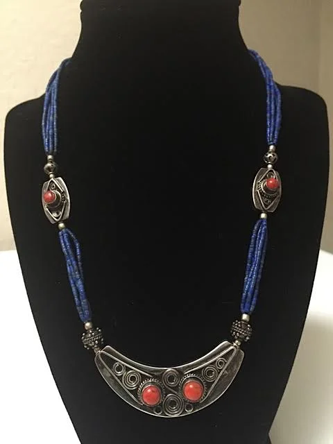 9 inch Tibetan necklace with blue beads, silver and coral