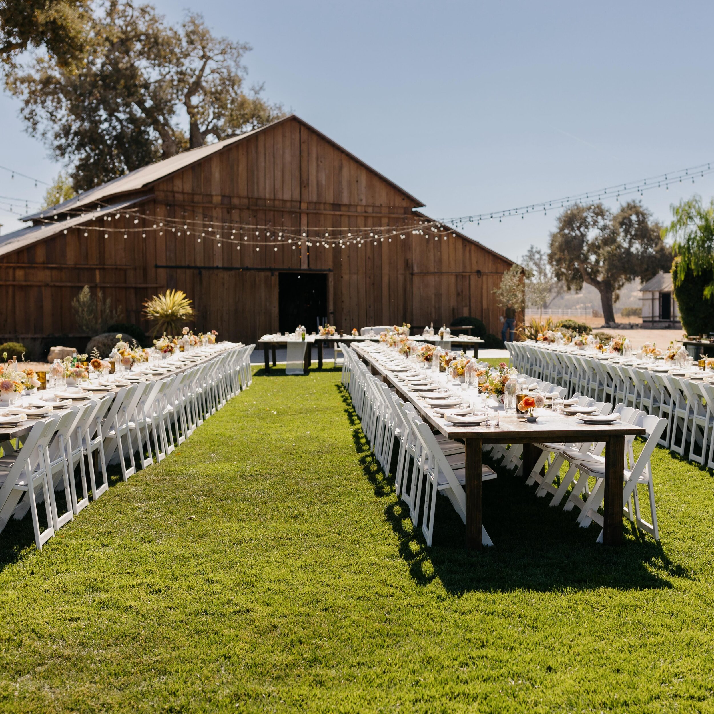 Loving the long farm style tables for dinner!! Such an elegant layout ✨