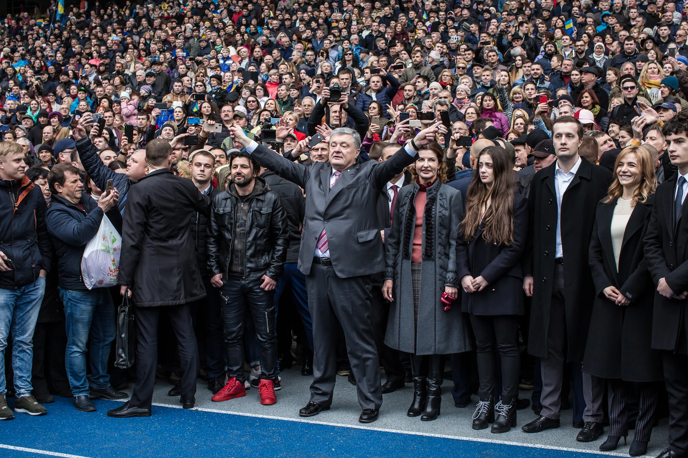 Ukrainian President Petro Poroshenko greets the public at the rally inside Olimpiskyi Stadium in Kyiv, Ukraine on April 14, 2019. As a response to Zelenskyi’s offer to hold the debate at the stadium on April 19 (ahead of the second round of presidential elections on April 21), Poroshenko invited Zelenskyi to debate on April 14, but he didn’t show up.