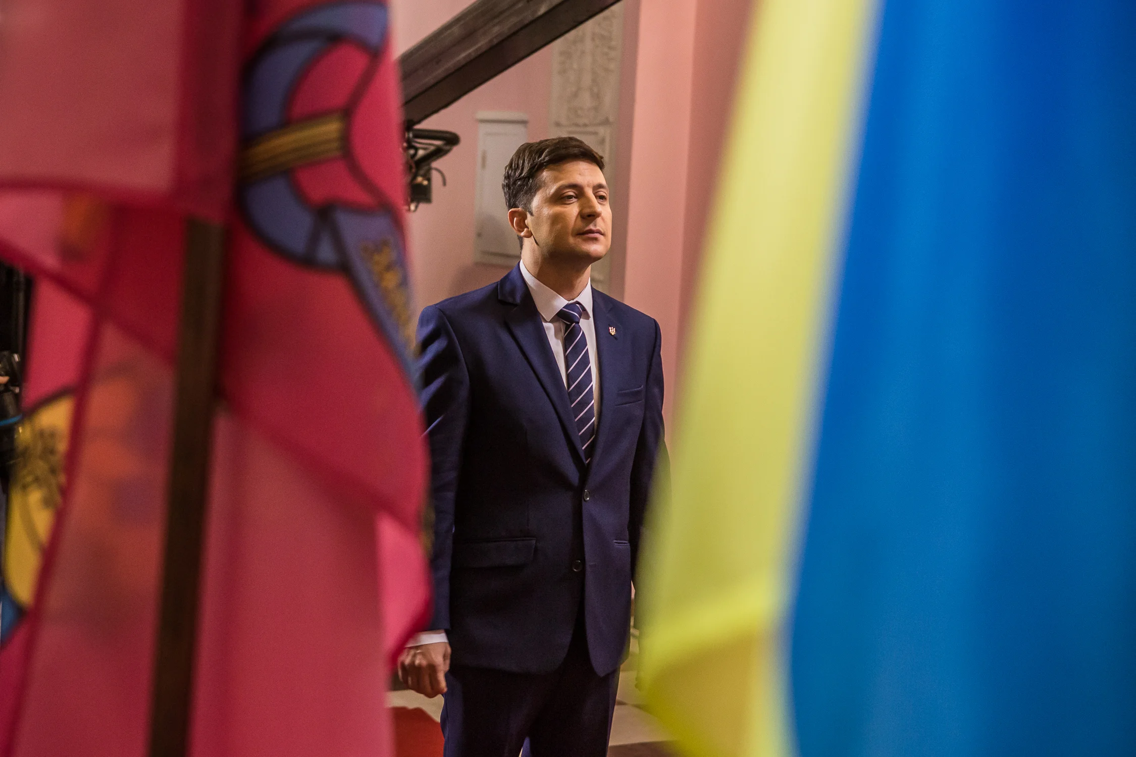 Volodymyr Zelenskyi, 41, on set of the third season of the "Servant of the People" show where he plays the president of Ukraine in Kyiv, Ukraine on February 17, 2019. Volodymyr Zelenskyi is a comedian, actor and director of the film studio Kvartal 95. He is one of the two presidential candidates for the second round of the elections to be held in Ukraine on April 21, 2019