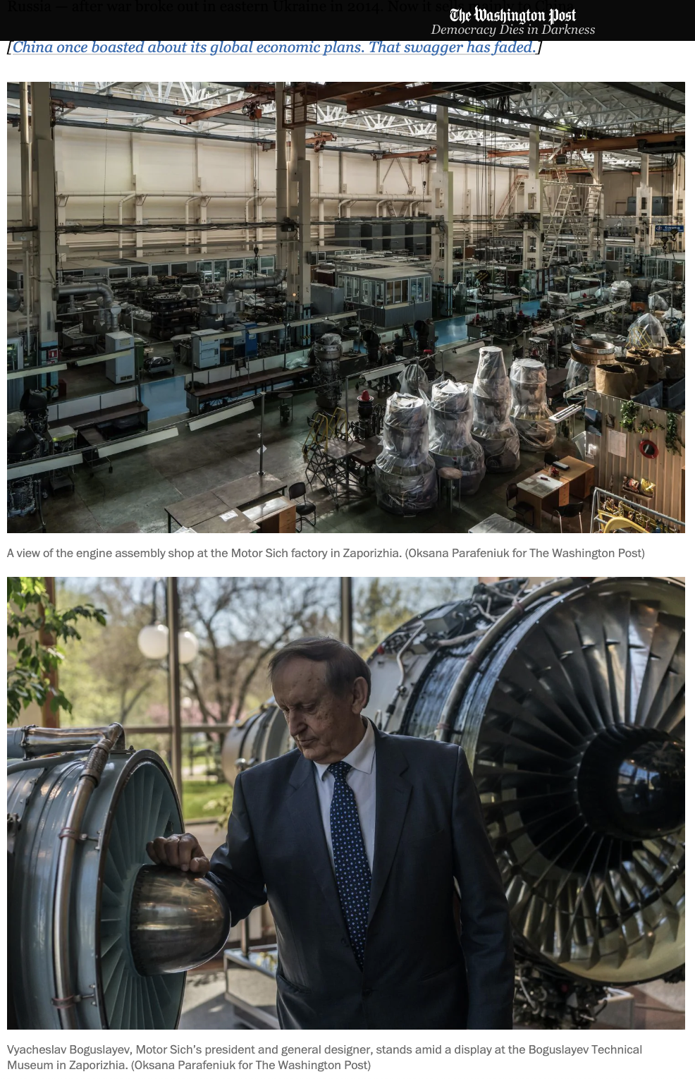“At a Ukrainian aircraft engine factory, China’s military finds a cash-hungry partner”, The Washington Post, May 20, 2019