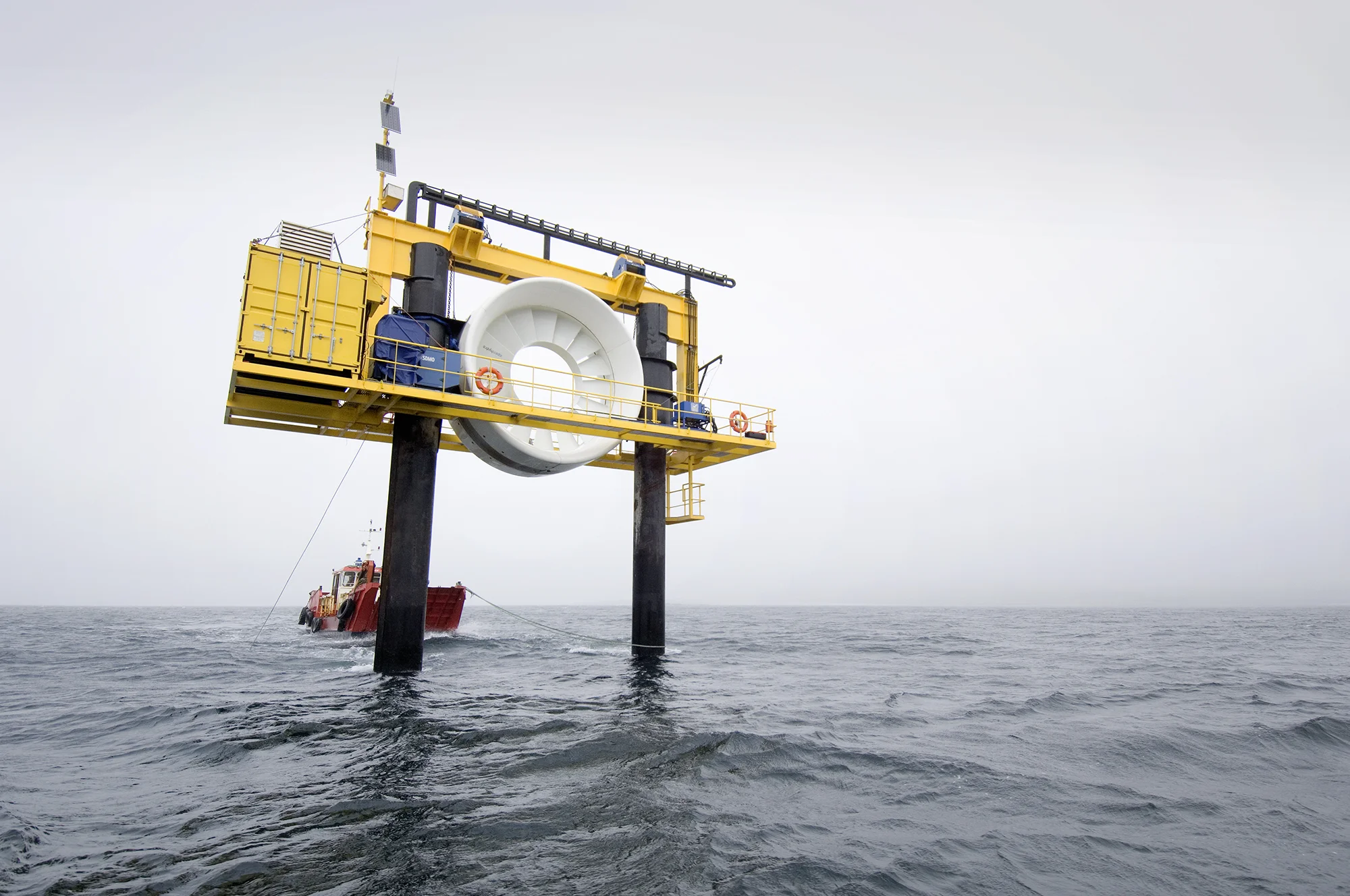 OpenHydro OpenCentre tidal power generator. This tidal power test site at the Fall of Warness, to the west of the island of Eday (Orkney's) was chosen for its high velocity marine currents which reach almost 4m/sec (7.8 knots) at spring tides.