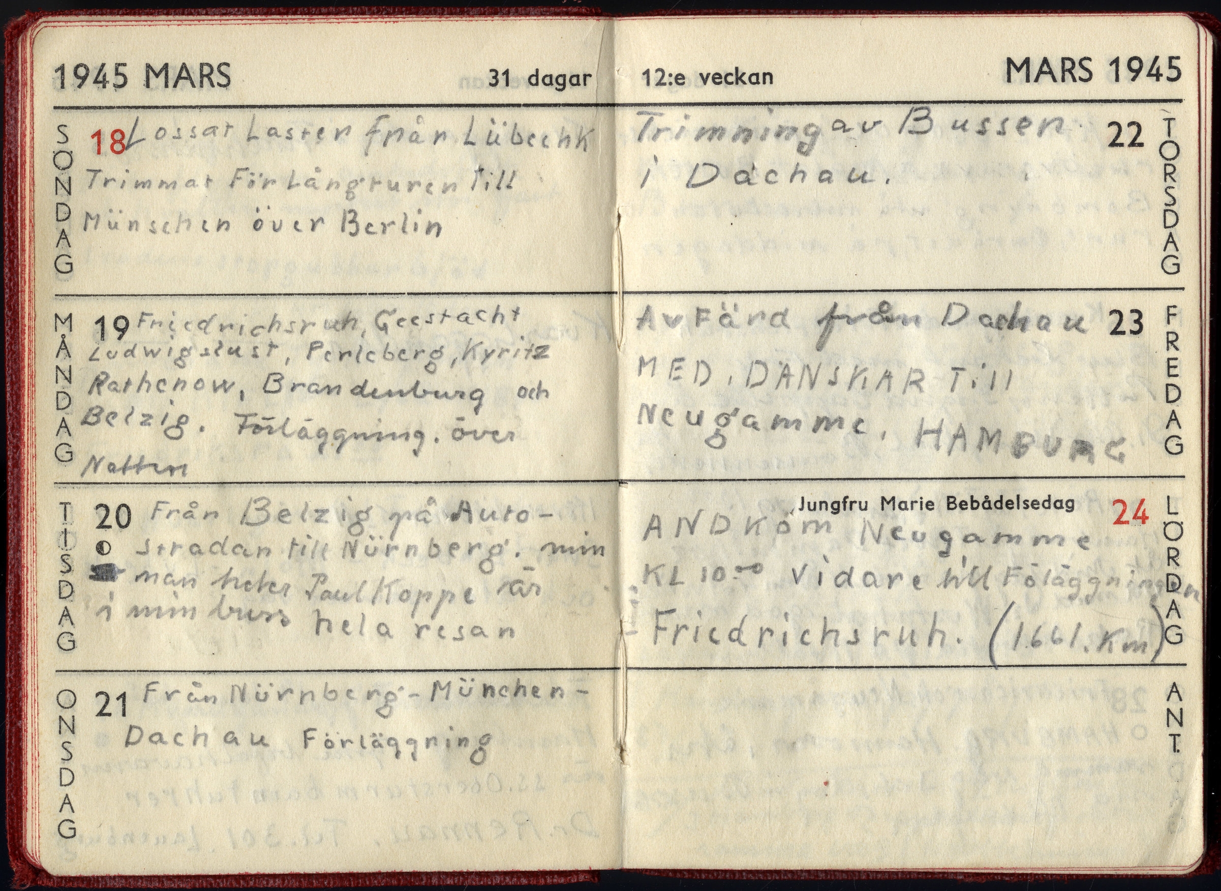 Pages from the calendar of Bertil Fröderberg, one of the drivers of the White Buses, March 1945