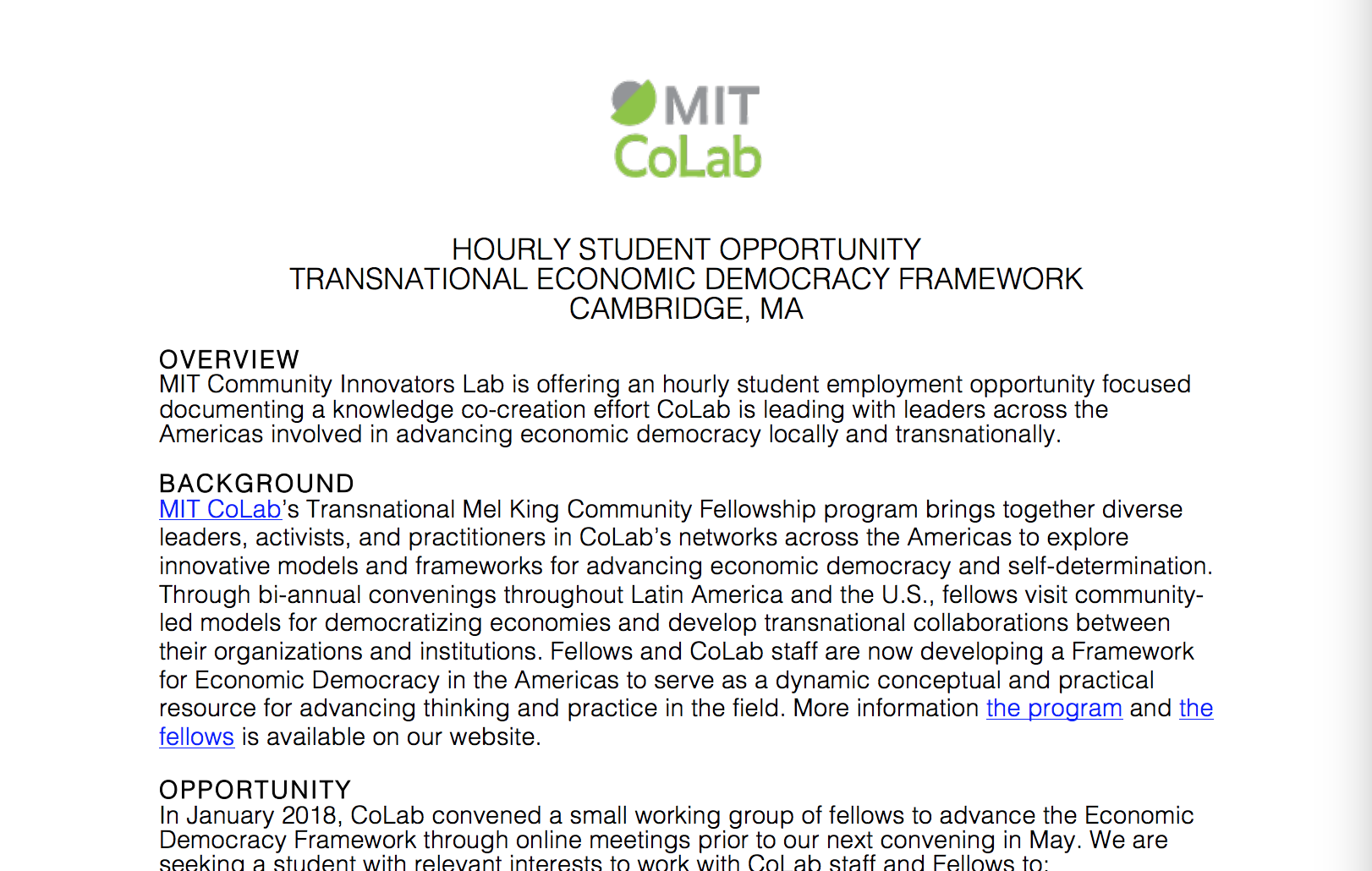 Transnational Economic Democracy Framework: Hourly Student Opportunity