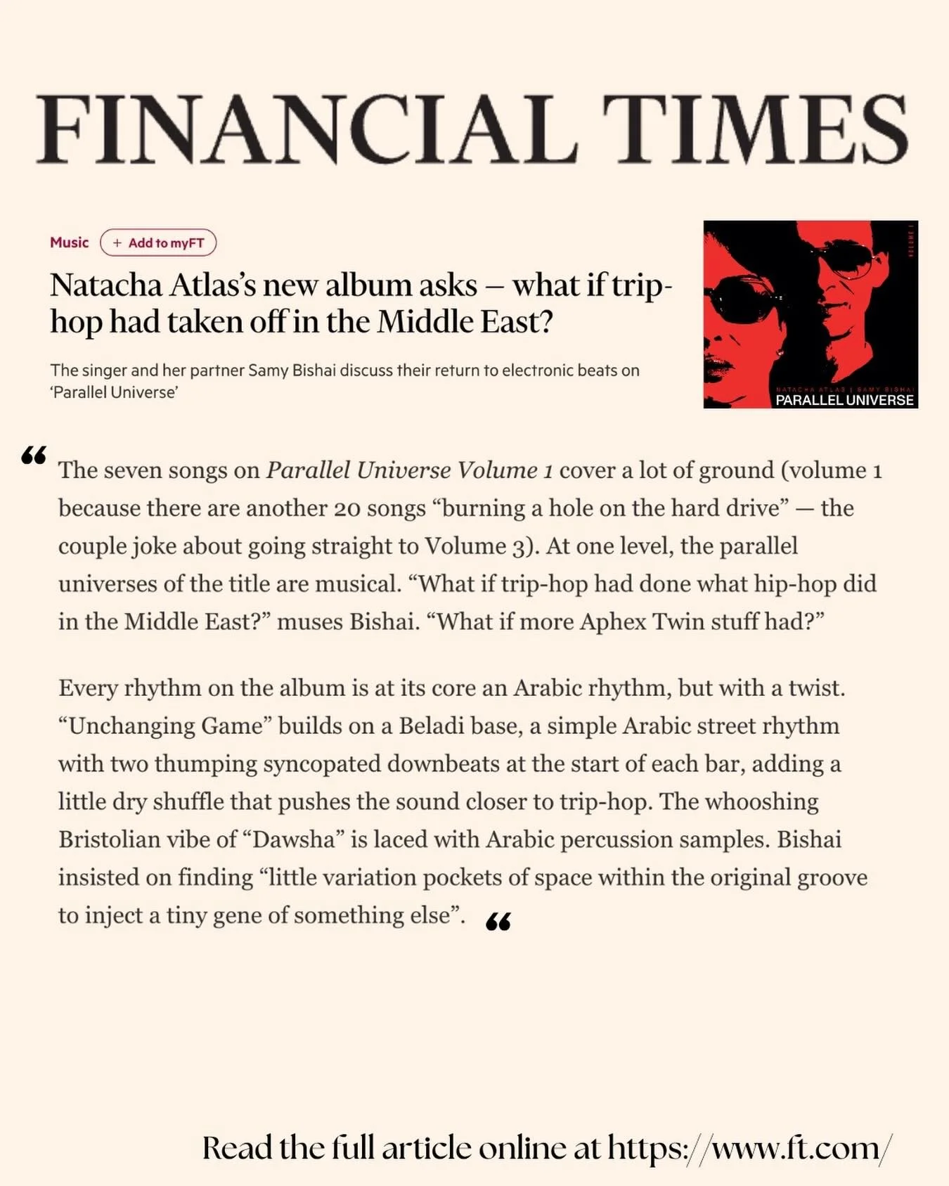 A huge thank you to @David Honigmann for his thoughtful and in-depth review in the @financialtimes of our forthcoming project and album, #ParallelUniverseVol.1

➡️ Read the full article online:
https://www.ft.com/content/869179f8-ea63-455e-9e5e-c93a7