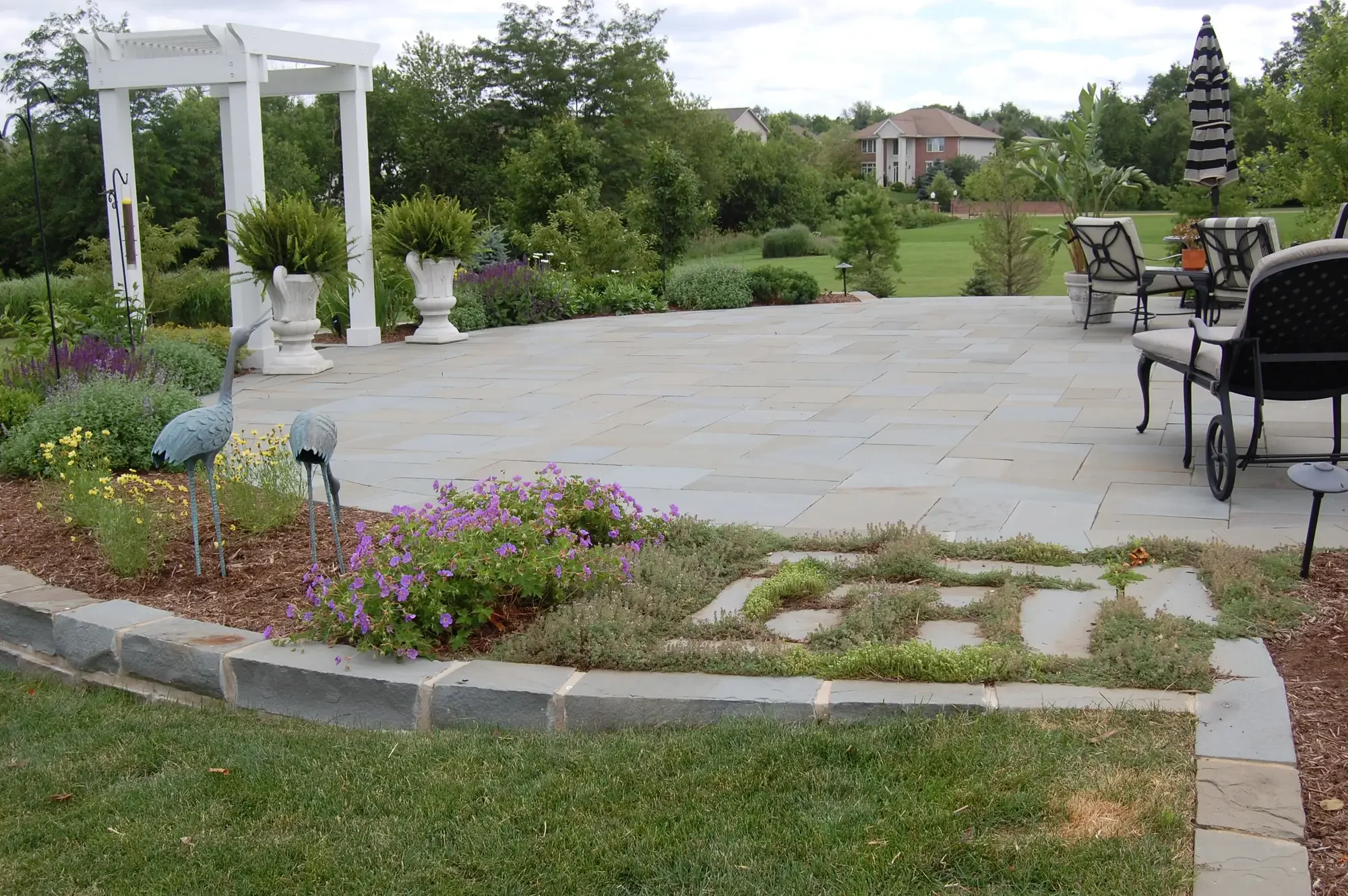 Bluestone patio with white pergola, curved stone border, and creeping thyme planting detail at Harmony in Stone and Water by Green View in Illinois