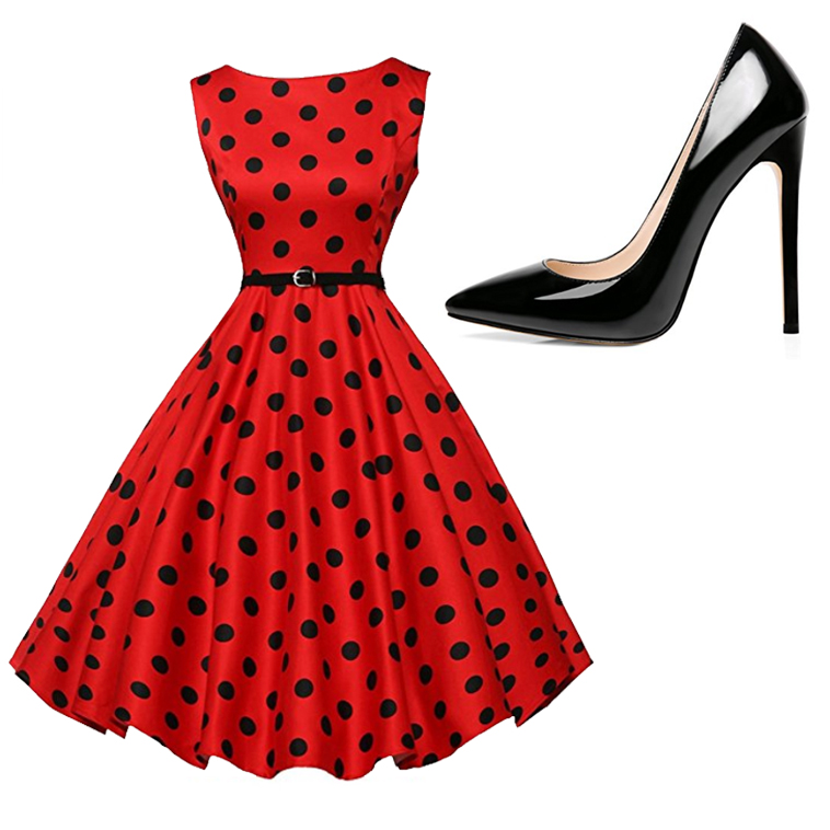 Go glam for your engagement photo shoot with a retro polka dot dress and a classic heel.