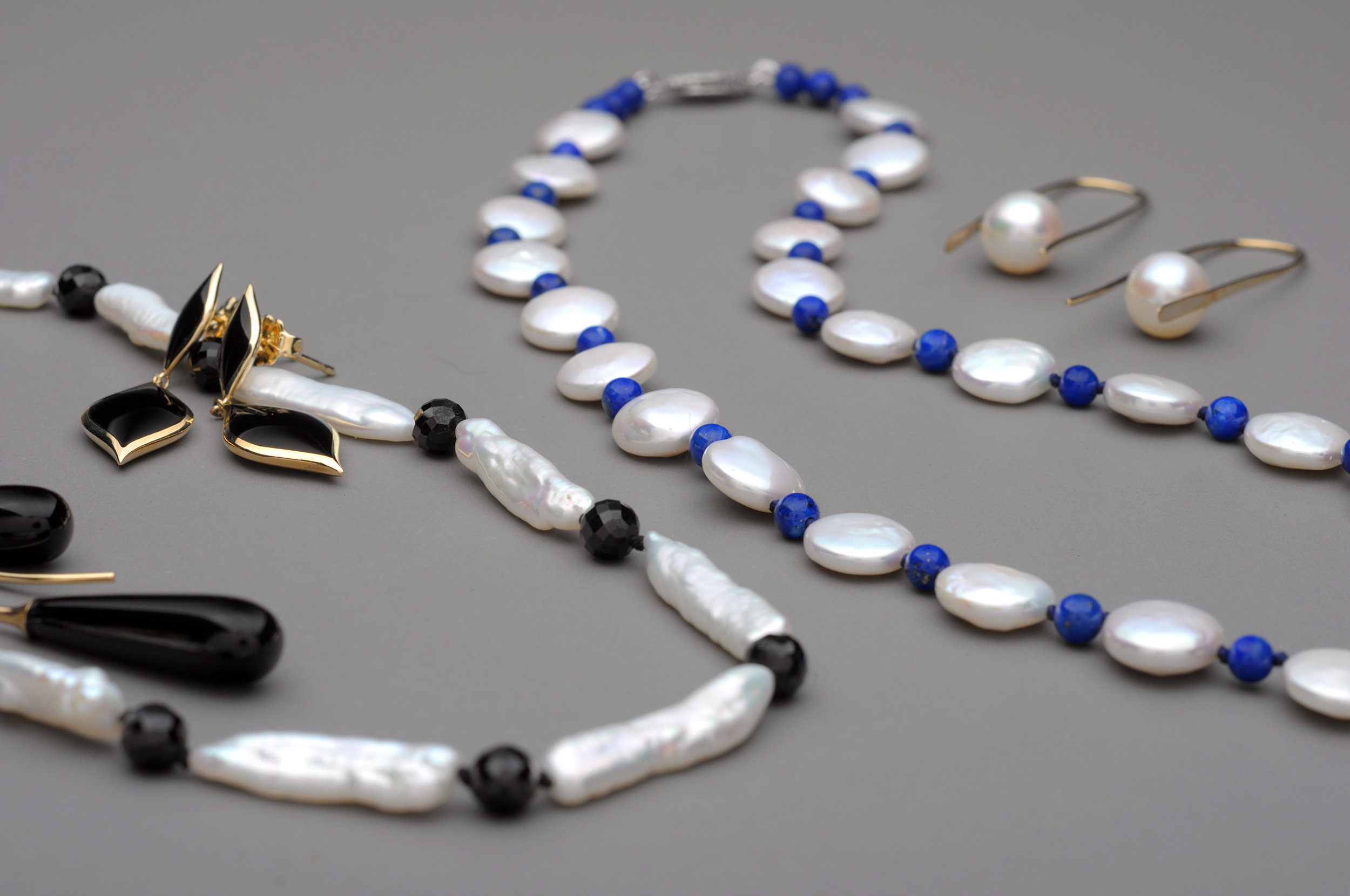 Pearl Necklaces and Earrings, Onyx Earrings