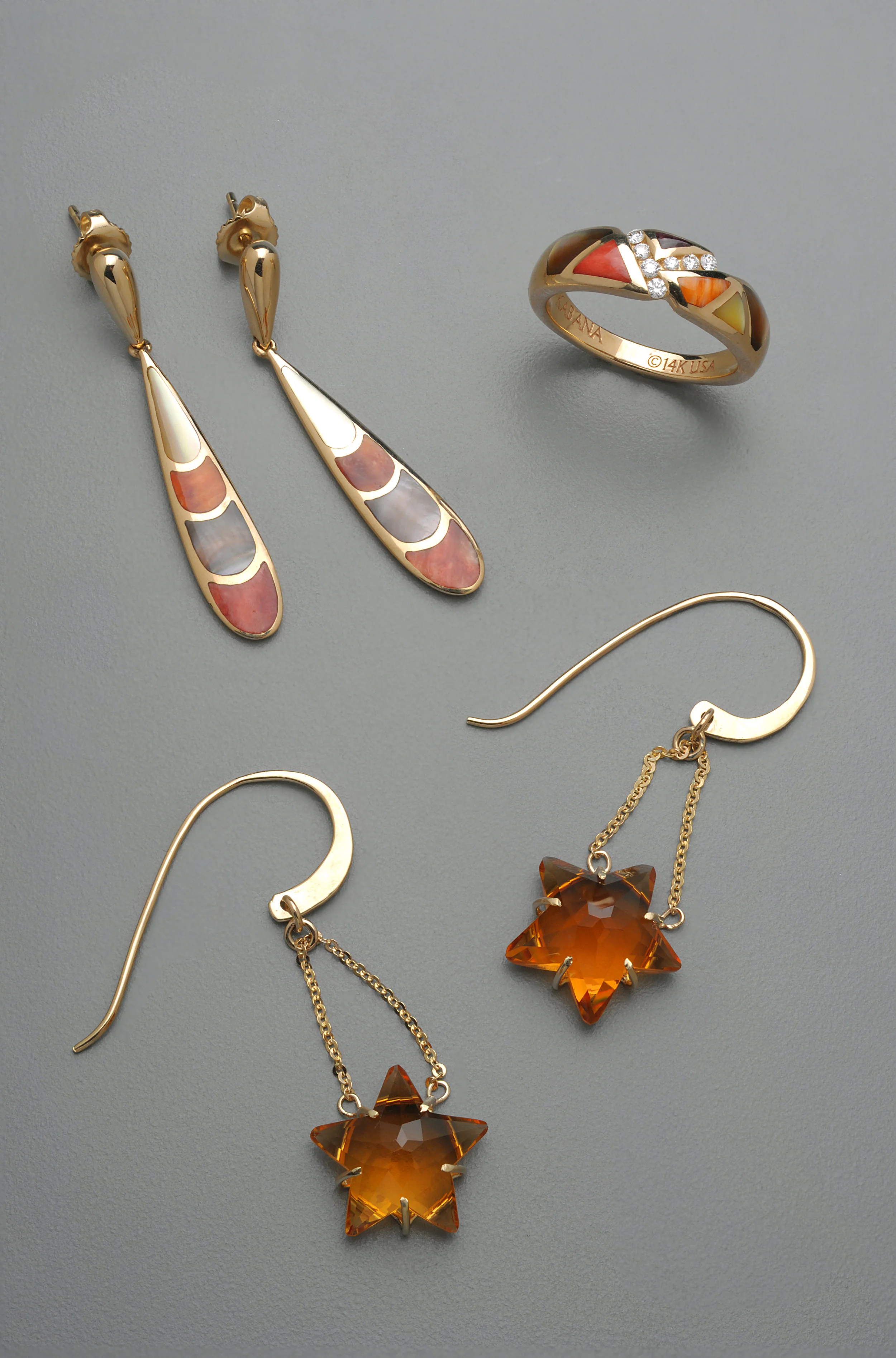 Spiny Oyster Mother of Pearl Pieces, Citrine Star Earrings