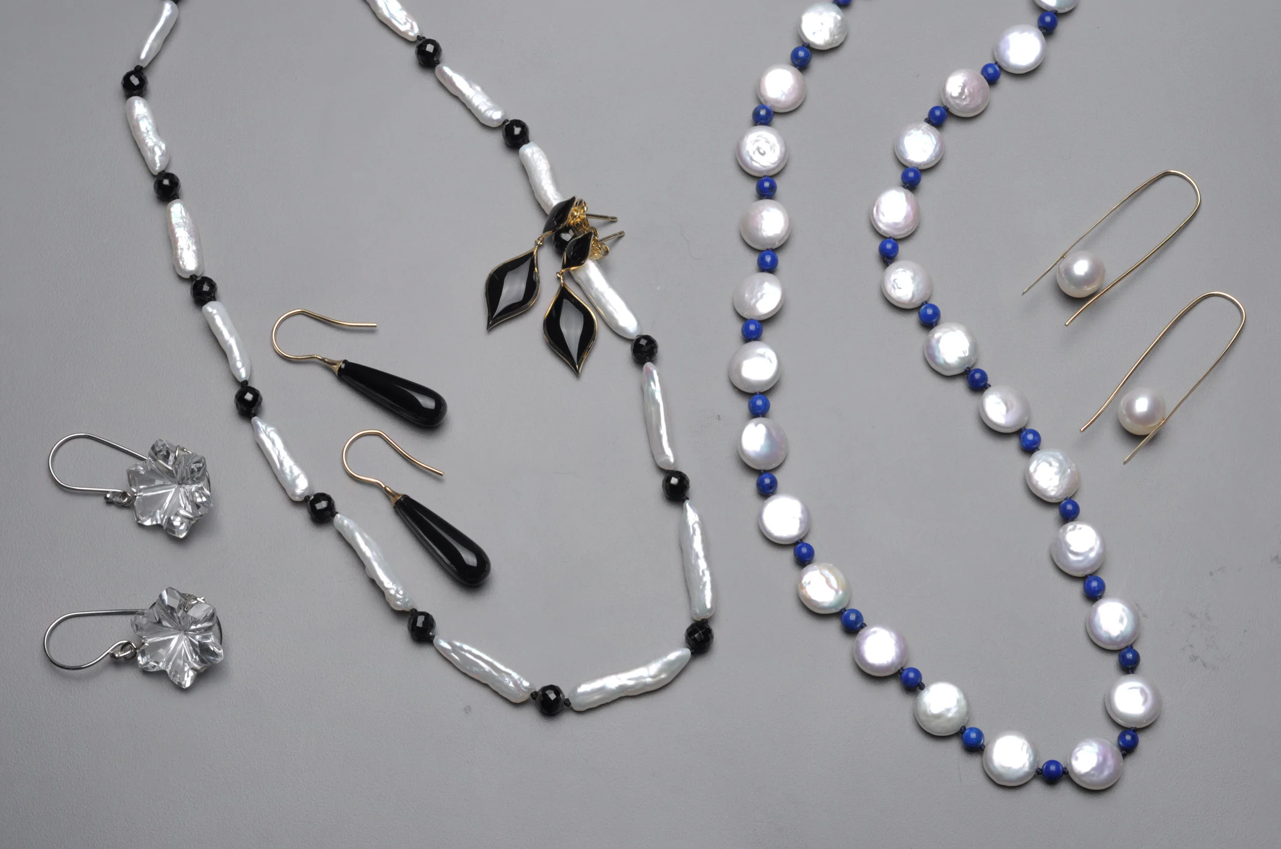Pearl Necklaces and Earrings, Onyx Earrings, Quartz Earrings